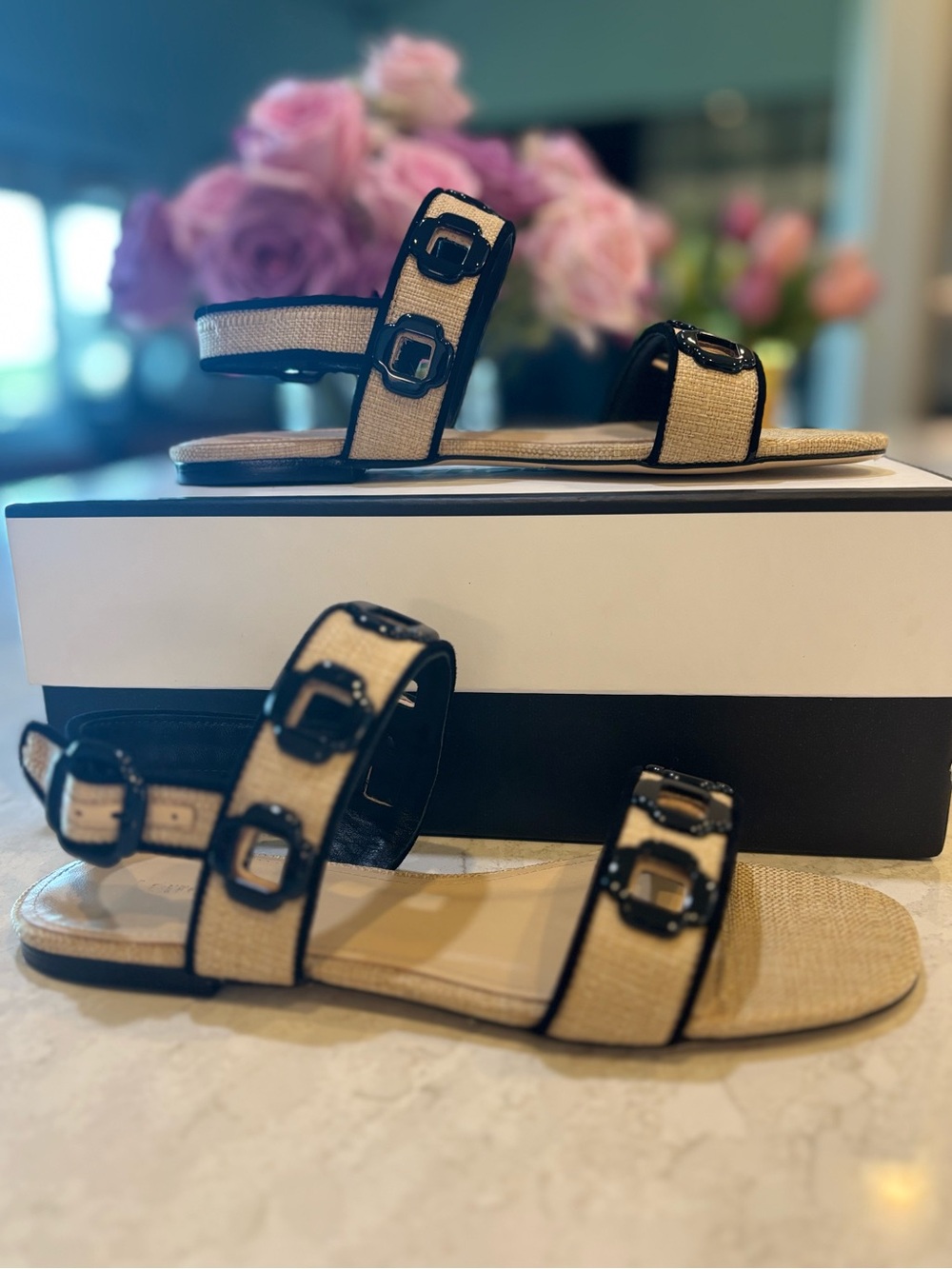 Larroude Milan Flat Sandal In Beige Raffia and Black Trimming - Picture 7 of 11